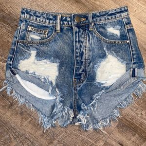 Signature 8 Frayed Distressed Blue Denim Button Fly Shorts